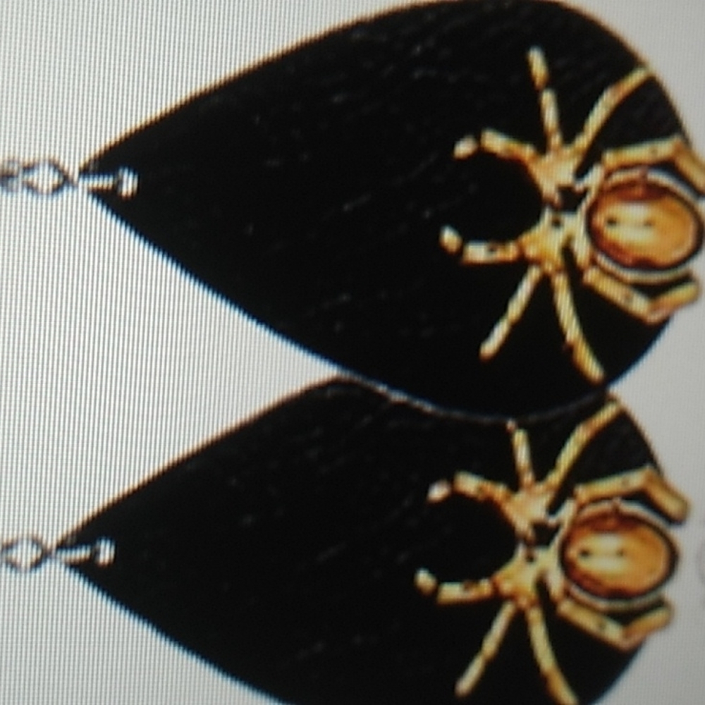 1.5 x 3 inches punched fake leather earrings Black w Metal Spider